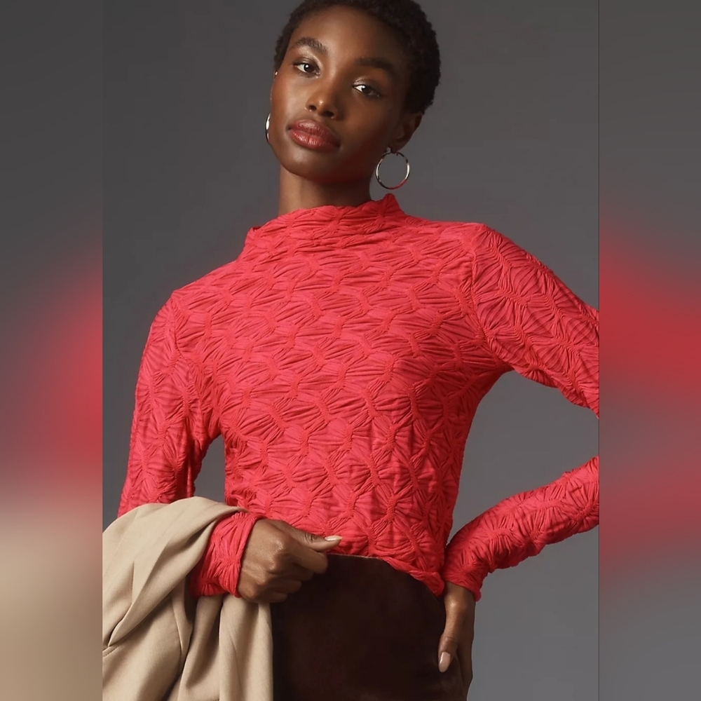 NWT Anthropologie Sheer Long-Sleeve Mock-Neck Textured Top Hot Pink Small